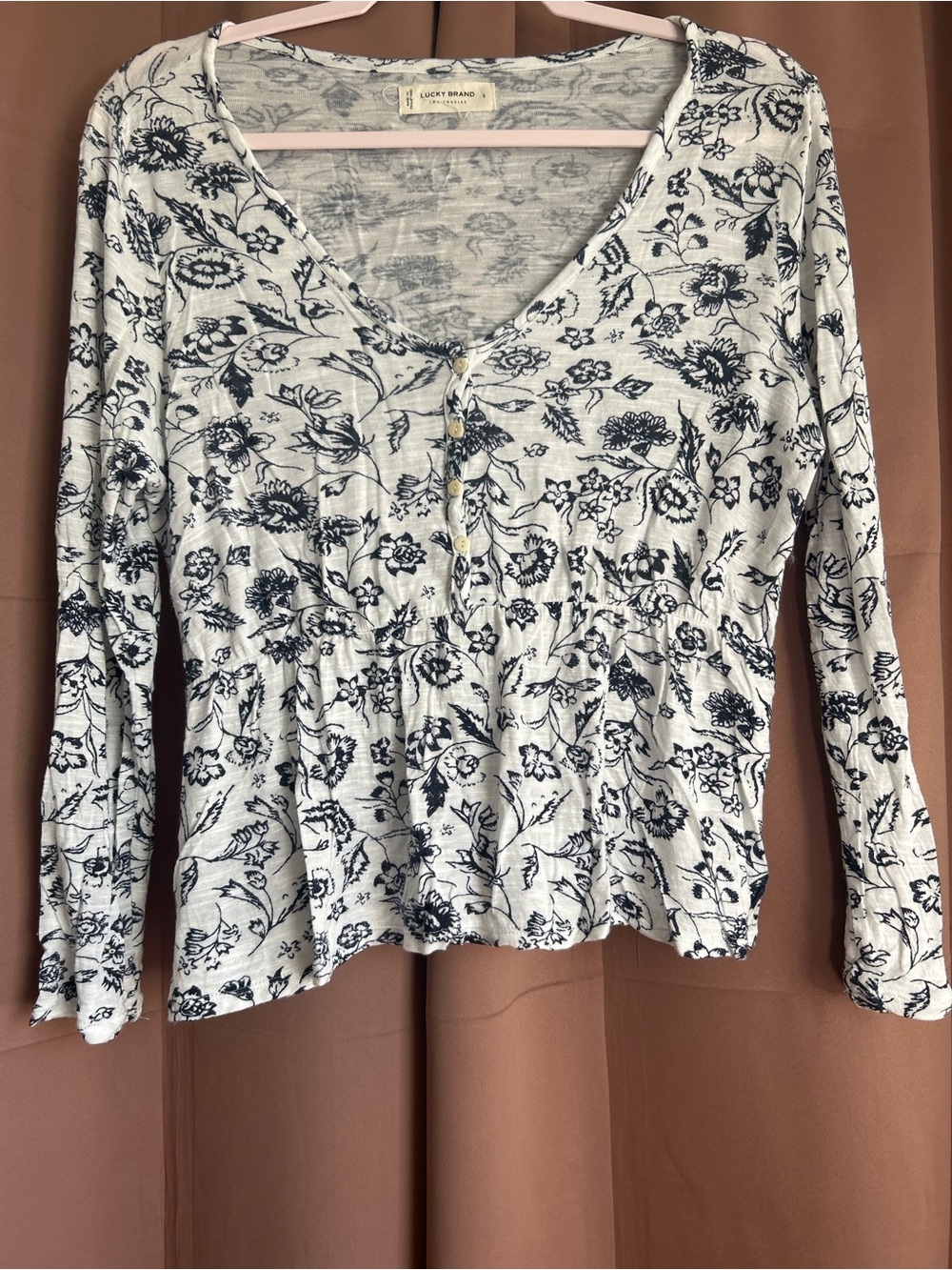 Lucky Brand Navy Floral V-Neck Henley Peplum Long-Sleeve Top
